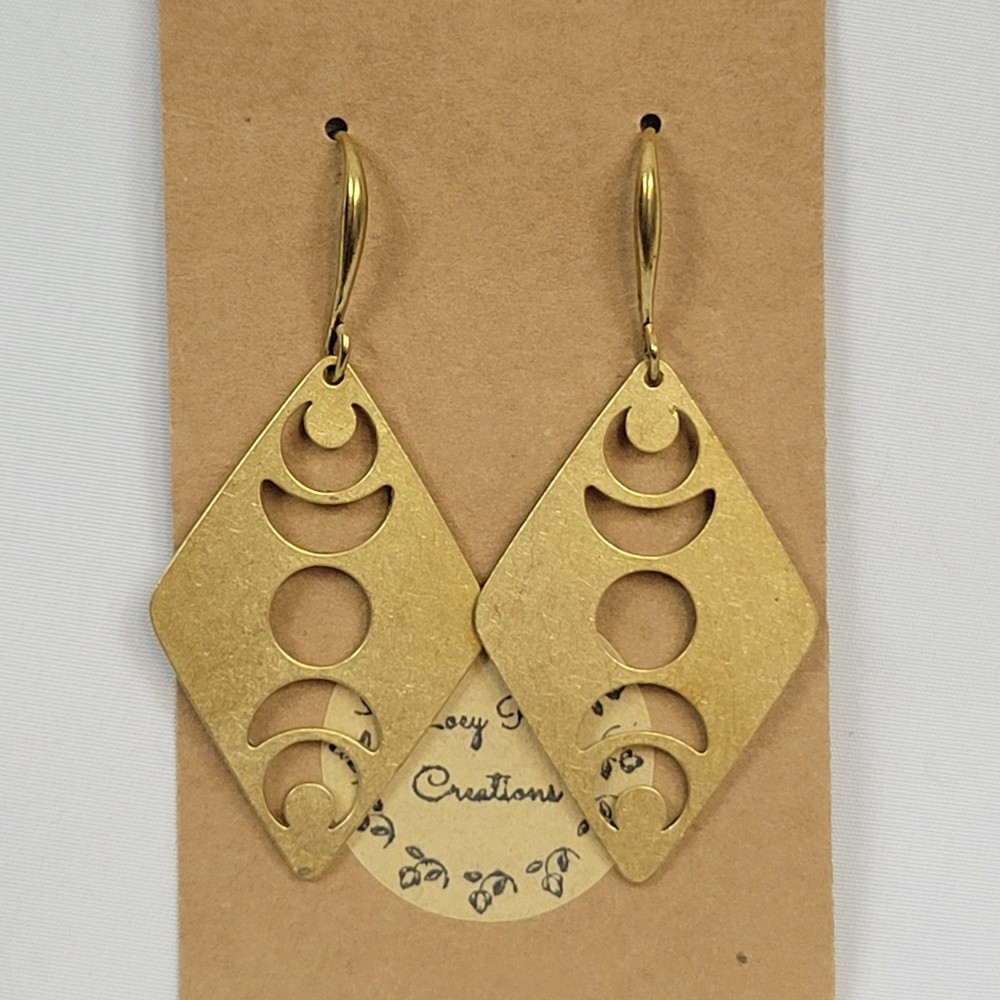 Dangle Drop Earrings Raw Brass Moon Phase Hook Handmade 2.5" Long Diamond Shape - Picture 5 of 12